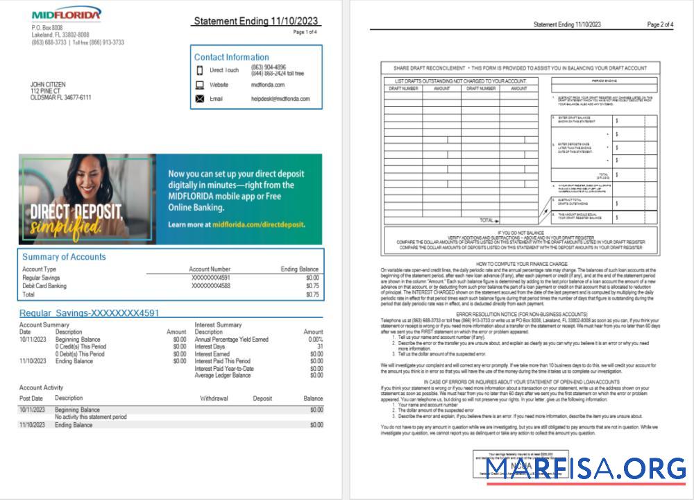 Downloadable USA MidFlorida bank statement word 3 pages 1 2 template